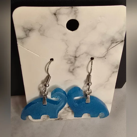 Blue Dinosaur Dangle Earrings Frosted Acrylic Animal Jewelry - Picture 3 of 7